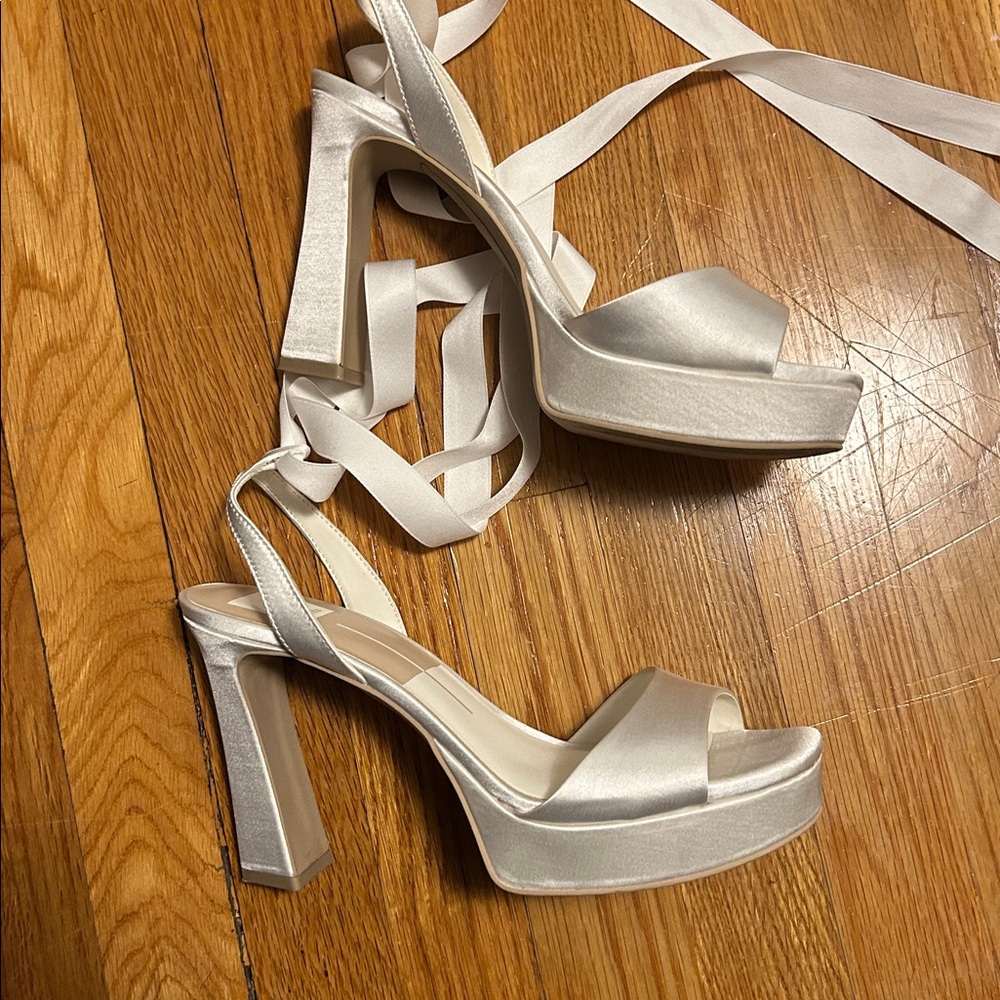Dolce Vita Ivory Satin Platform Heels with Ankle Wrap